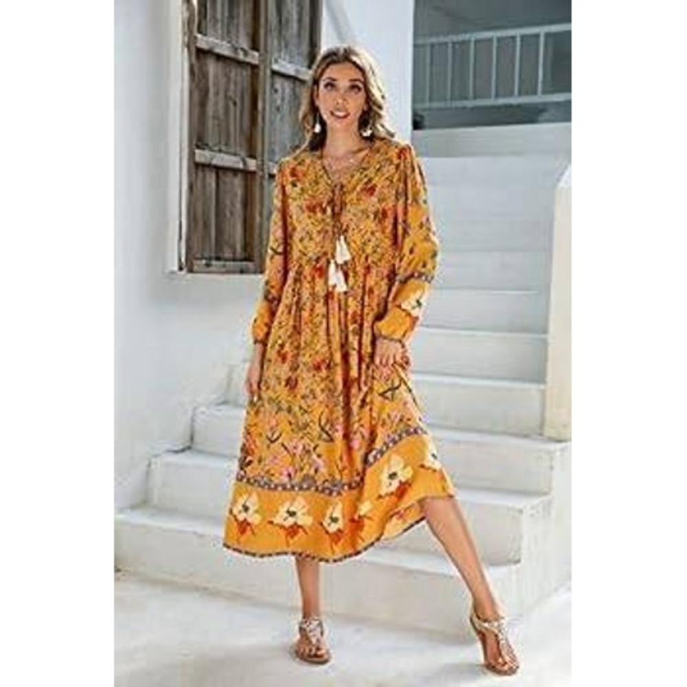 R.Vivimos Mustard Yellow Floral Boho Midi Dress Tassel Tie Long Sleeve Womens M
